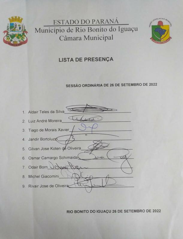 Lista de Presença dos vereadores 26 setembro 